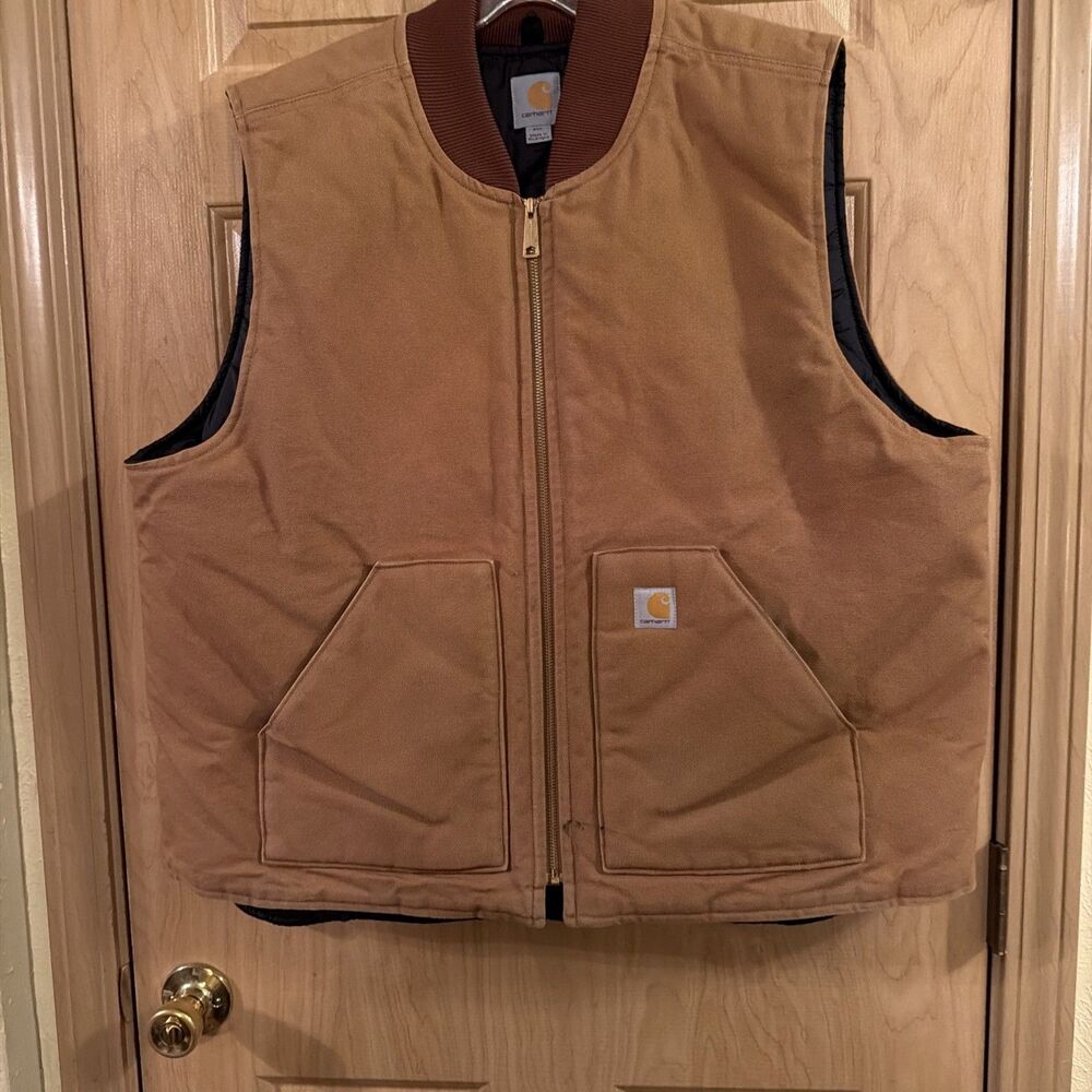 Vintage Carhartt Vest Men 2XL Brown Full Zip Quilt Lined Canvas V01 BRN 90s. EUC